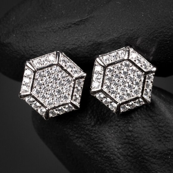 Octagon White Gold 925 Sterling Silver Cluster Stud Earrings - Picture 1 of 5